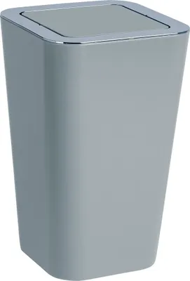 A studio shot of a gray trash can with a silver lid.