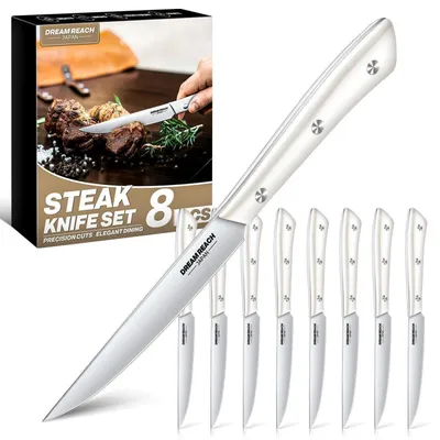 Image de Ensemble de couteaux à steak, 8 pièces, très tranchants, à lame pleine, adaptés au lave-vaisselle, en acier inoxydable, argenté, 11 cm