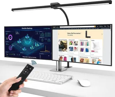 Obrázok produktu pre Ibenzoa® LED stolná lampa, 80 cm, s reguláciou jasu – dvojitá hlavica s diaľkovým ovládaním, 360° nastaviteľná ohybná rameno, svorka do 6,5 cm, 196 LED, 50 000 hodín životnosti.