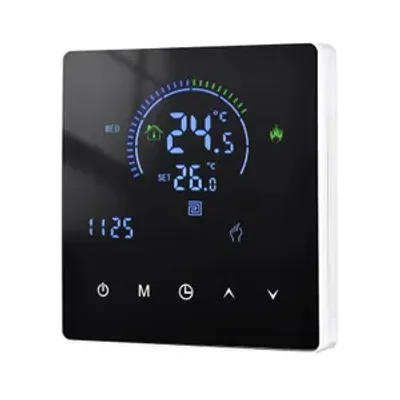 A digital thermostat with a black screen and white casing, displayed against a white background.