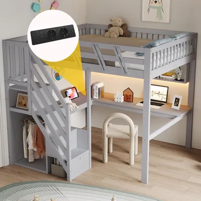 Produktbild von Flieks Etagenbett 140x200cm mit Schreibtisch und USB-Steckdose, Kinderbett Doppelbett mit Led, Hochbett Jugendbett mit Ablagen, Stockbett Grau