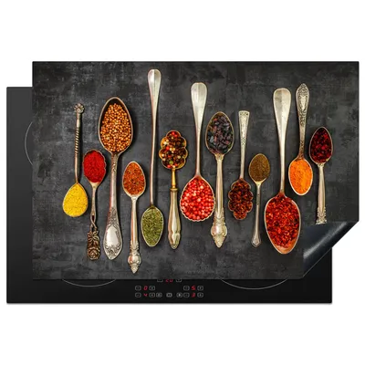 Produktbild von KitchenYeah© Herdabdeckplatte Löffel - Beton - Kräuter - Gewürze , 77x51cm, Küche Deko, Glaskeramikkochfeld Herdabdeckung, Abdeckplatte fùr Kochfeld