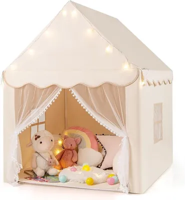 Produktbild von Kinderzelt mit Fenstern & Matte, Spielzelt Kinder mit Sternenlichter & doppeltem Vorhang, Kinder Spielhaus für Jungen und Märchen