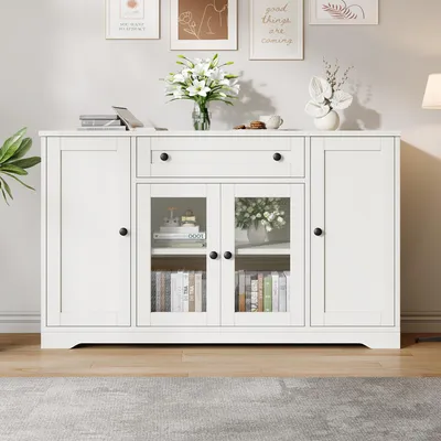 Image de Buffet blanc, avec 4 portes (dont 2 en verre), un tiroir et des poignées rondes