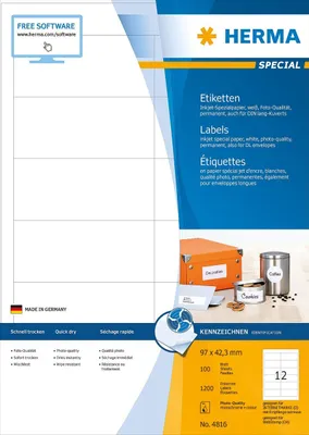 Produktbild von Inkjet-Etiketten A4 weiß 97x42,3 mm Papier matt 1200 St.