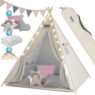 Image de Spielwerk Tipi Enfant Rose avec Coussins & Guirlande Lumineuse