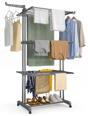 Produktbild von VOUNOT® 4 Ebenen Wäscheständer Turm mit Rollen 126x63x170 cm Grau