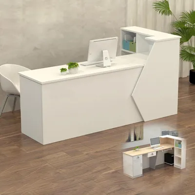 Image de Comptoir de réception, comptoir d'accueil, guichet de en bois avec espace de rangement, dimensions 220x60x100 cm, couleur blanche