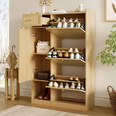 Produktbild von Flieks Rattan-Schuhschrank mit 3 Klappen, 1 Schublade und 1 Tür, Aufbewahrungsschrank für Flur, Wohnzimmer, Schrank 80.5x25x125cm, Natur