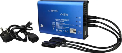 A blue multi-charger for DJI Mavic Pro drone batteries, remote control, and smartphone, shown with its power cord and output cables.