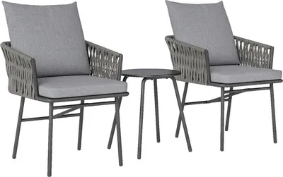 Image de Ensemble de bistrot en rotin Zerboco, 3 pièces, coin salon avec 2 fauteuils + table basse, coussins amovibles, mobilier de balcon, acier, gris