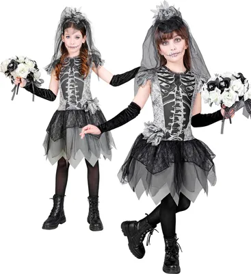 Produktbild von Kinder Skelettbraut Kostüm – Gr. 116–158 cm - Gruselkleid 116cm - 4-5Jahre