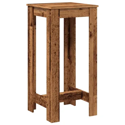 A tall, narrow bar table made of reclaimed wood-look material.