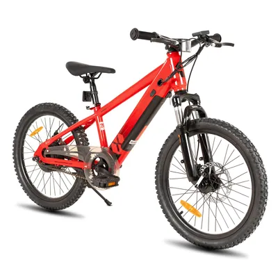 A red electric mountain bike for children and teenagers is shown against a white background.