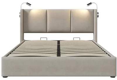 Produktbild von Doppelbett 160x200 cm - Gepolstertes Stauraumbett - Hydraulischer Bettkasten - Holzgestell - Hanfstoff - LED-Leselicht & USB-Ladefunktion - Skandinavisches Design