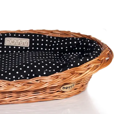 Produktbild von Handgeflochtener Weidenkorb Wikikorb mit Baumwoll-Hundebett – Schwarz mit weißen Punkten Polka Dots – Waschbar & Gepolstert – DOTTY