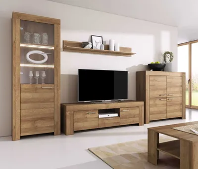 Produktbild von Wohnwand Sky Riviera Eiche, 4-teiliges Set mit Vitrine, Lowboard, Wandregal und Kommode