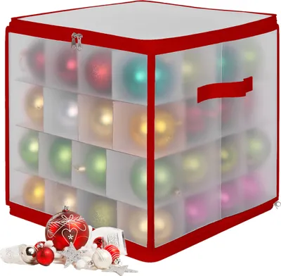 Produktbild von Relaxdays Weihnachtskugel Aufbewahrungsbox, 64 Kugeln, HxBxT: 36x36x36 cm, Kunststoff, Pappe, Kugelbox, transparent/rot
