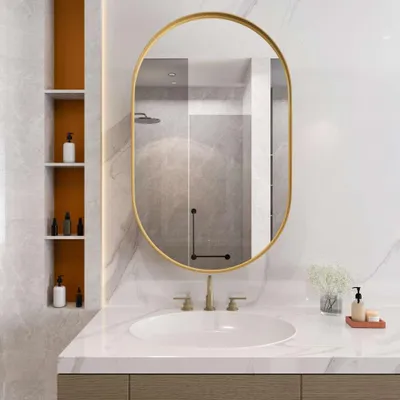 Produktbild von Ovaler Spiegel Medizinschrank Wandmontage Gold Metallrahmen Bad Wohnzimmer Schlafzimmer