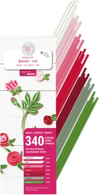 Produktbild von Quilling-Set Rosen, 3 mm Papierstreifen, 340 Stück, Rot, Weiß oder Rosa, inkl. Anleitung