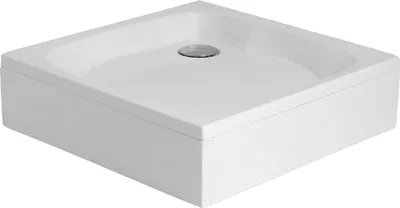 A white square shower tray with a drain in the center.