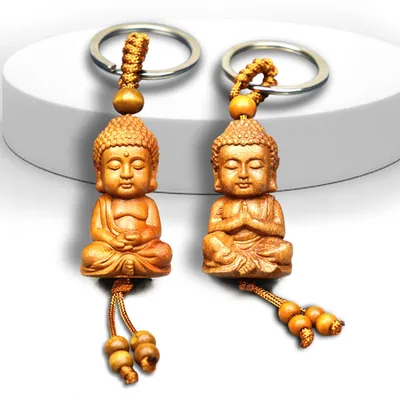 Immagine prodotto di Set di portachiavi, 2 Buddha in legno, portafortuna, per accessori auto