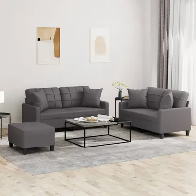 Produktbild von 3-tlg. Sofagarnitur mit Kissen Grau Kunstleder