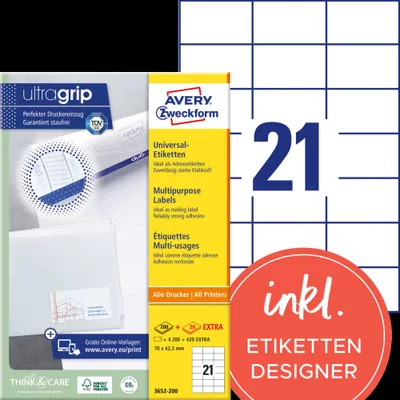 Produktbild von Avery Zweckform 3652-200 Universal-Etiketten, A4 mit ultragrip,  Adressaufkleber 70 x 42,3 mm, weiß