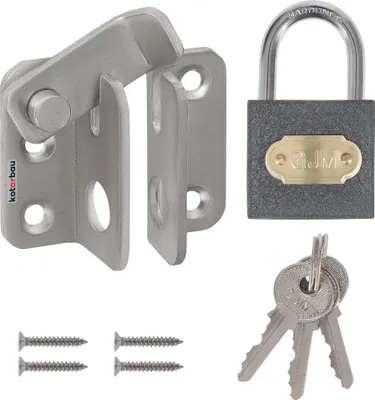 A set of door lock hardware including a latch, padlock, keys, and screws, displayed on a white background.