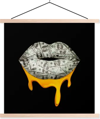 Produktbild von MuchoWow® Textilposter Lippen - Geld - Schwarz - Weiß 40x40 cm mit holzfarbenen Rahmen - Posterleiste