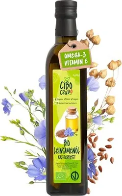 A bottle of flaxseed oil with decorative elements.