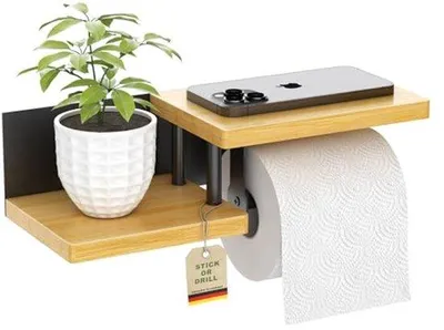 Zdjęcie produktu dla Bambusowy uchwyt na papier toaletowy bez wiercenia - z półką - czarny - Uchwyt na papier toaletowy z możliwością klejenia lub wiercenia