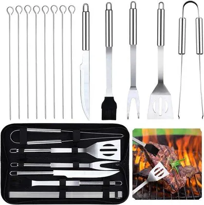 Produktbild von Grillbesteck-Set – Grillwerkzeuge, Barbecue-Zubehör – Für das Kochen im Freien – Edelstahl – 13-teilig – Silber