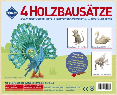 Immagine prodotto di Pebaro 852, set di costruzioni in legno a tema animali domestici, 4 pezzi: puzzle 3D di pavone, topo, cigno e pesce. Ideale per il fai-da-te con il legno, puzzle in legno, pannelli di legno pre-tagliati, da assemblare semplicemente incastrando i pezzi. Un'ottima idea regalo