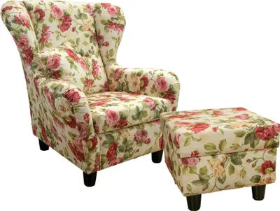 Produktbild von OHRENSESSEL mit HOCKER Landhaus Polster-, TV-, Lesesessel Blumenmuster-Webstoff / 18004