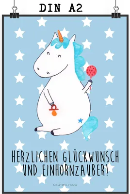 Produktbild von Mr. & Mrs. Panda Bild Einhorn Baby DIN A2 - Blau Pastell - Geschenk, Einhörner, Geburtstag, Geburt, Party, Plakat, Unicorn, Kunstdruck, wanddeko, Wandbild, drucke, Mutter