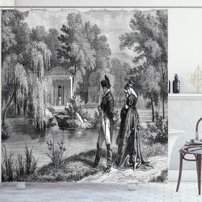 Produktbild von ABAKUHAUS Jahrgang Duschvorhang, Historische französische Revolutions-Skizze mit Napoleon und Frau in der Garten-Grafik, 175 x 240 cm, Dunkelgrau Schwarz