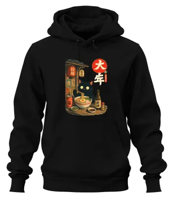 Productafbeelding van Japanse Zwarte Kat Ramen Japan Y2K Nippon Otaku Hoodie, Zwart, Maat L