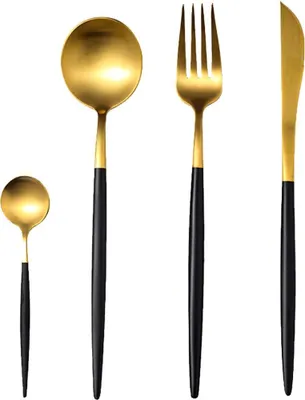 Produktbild von Goldfarbenes Silberbesteck-Set, mattes Besteckset aus Edelstahl 304, flaches Besteckset mit Griffen, Gabeln, Messern und Löffeln, satiniertes Geschirrset für Zuhause und Restaurant, spülmaschinenfest