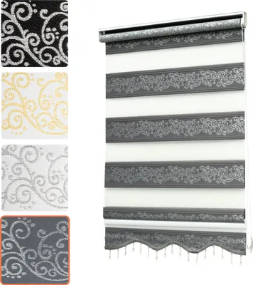 Produktbild von Doppelrollo Klemmfix ohne Bohren mit Perlen mit Volant Jalousien Gardinen Blumen Ranken Muster Grau Silber 60 x 200 cm (Stoffbreite 56cm)