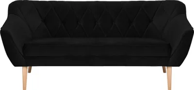 A black three-seater sofa with diamond tufting on the backrest and seat, supported by light-colored wooden legs.