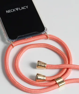 A close-up shot of a phone case with a coral-colored lanyard attached.