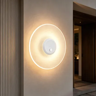 Produktbild von Mai & Mai Wandlampe Wandleuchte aussen LED 3000K rund Außenwandleuchte Bewegungsmelder für den Außenbereich ⌀30cm Sandweiß LunaLights