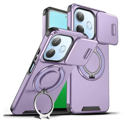 Image de Etui double couche pour Oppo A5 Pro, couvercle coulissant pour l'appareil photo et support magnétique pour anneau Violet