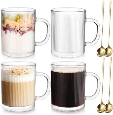 Image de Ensemble de 4 verres à café Unyqoos® en verre borosilicaté, avec anse et cuillères en métal doré, adaptés au lave-vaisselle, pour boissons chaudes et froides
