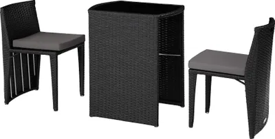 A black rattan bar set with two chairs and a table on a white background.