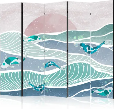 Produktbild von 5-teiliger Einseitiger Vlies Paravent - Picturesque Landscape With Fish - Sunset And Koi Fish in Shades of Turquoise And Blue. Floating Above The Water 225x172 cm Tiere c-C-10114-z-b