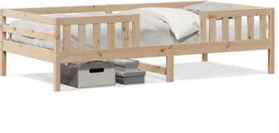 A wooden bed frame with a mattress and bedding, shown from a side angle with storage boxes underneath.