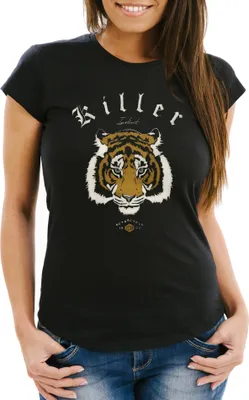 Produktbild von Damen T-Shirt Biker Killer Club Vintage Motorrad Tiger Slim Fit Neverless® schwarz S