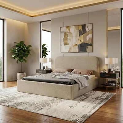 Produktbild von LUXKOR24 Polsterbett LAVINO 180x200 mit Bettkasten & Metallgestell – Bouclé Stoff MONTE Taupe